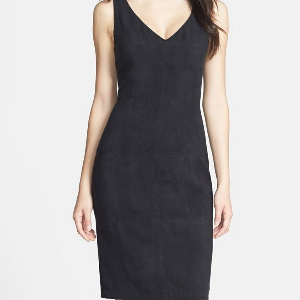 Vince Camuto Faux Suede Front Sheath Dress -Black/Dark Navy-Blue-10P